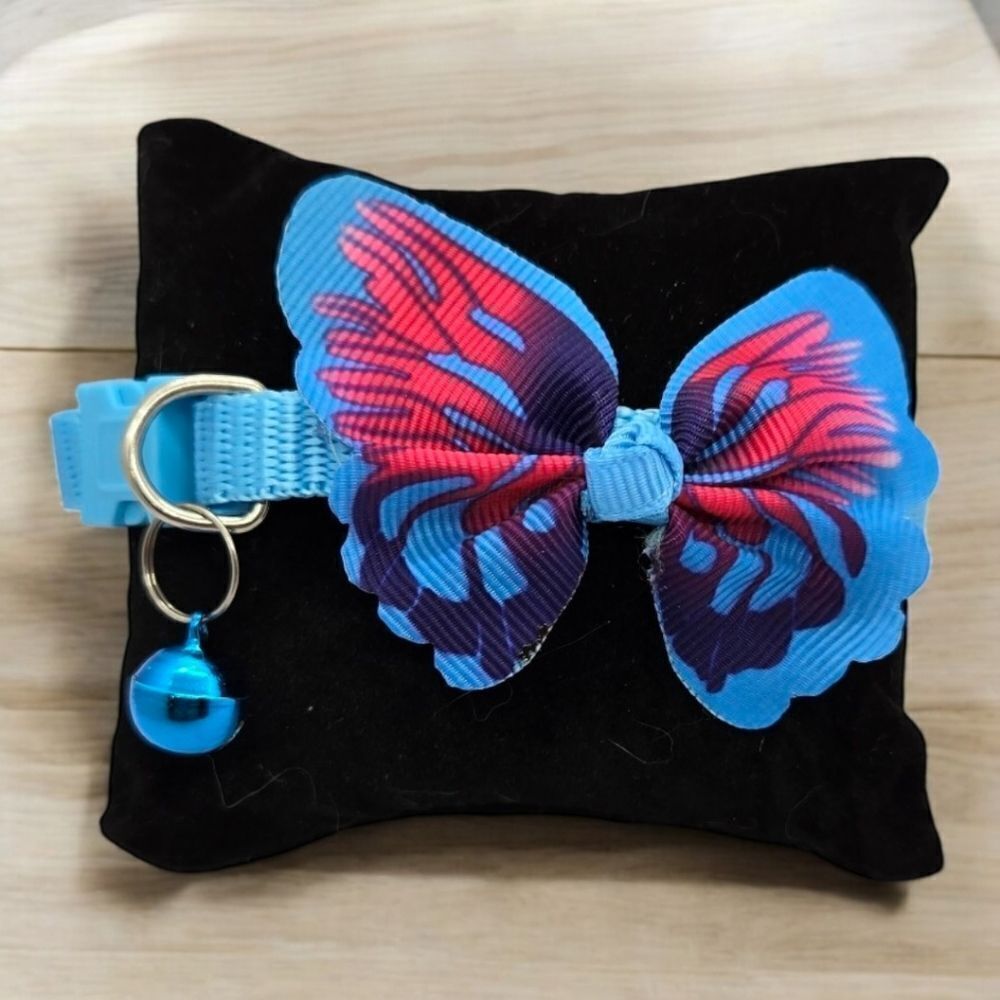 Aqua Butterfly Cat Collar Bell Bow Breakaway Buckle Nylon One Size Adjustable